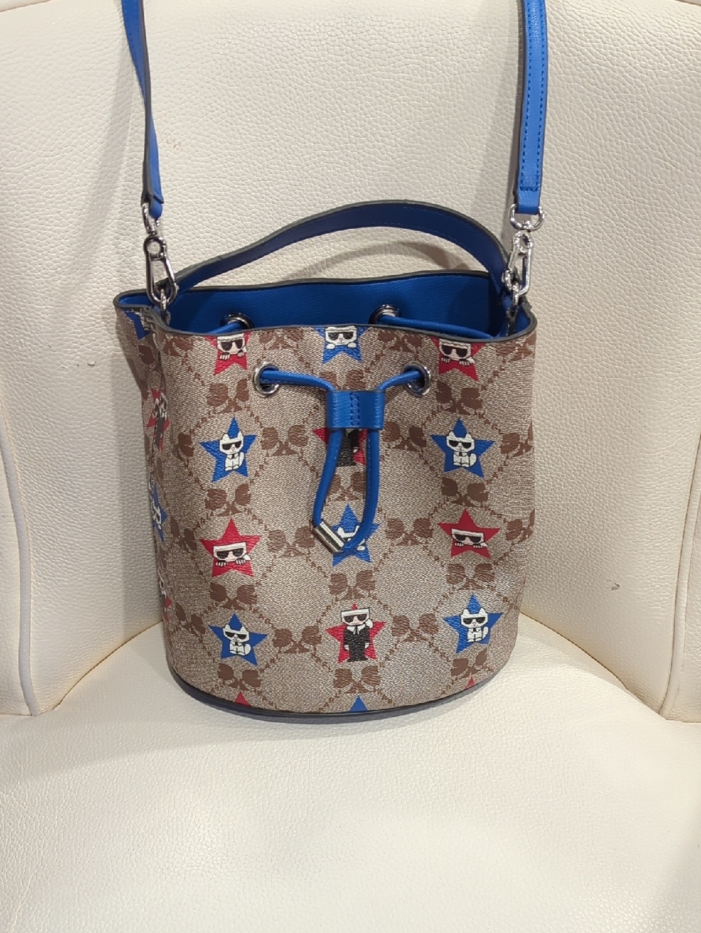 Karl Lagerfeld Beige Monogram Bucket Bag with Blue and Red Star Accents
